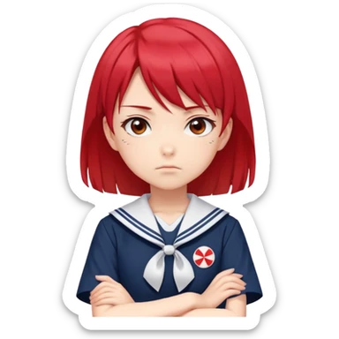 Serious anime girl with short bright red hair wearing Japanese sailor style school uniform, stern expression with arms crossed, focused and determined look sticker