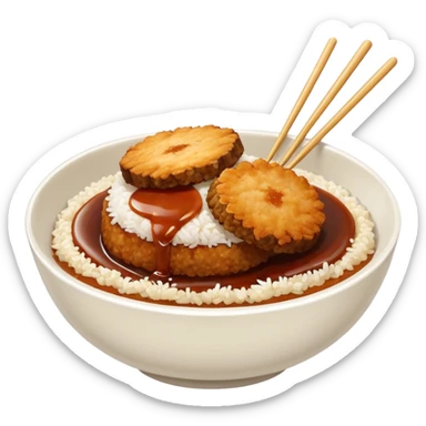 bowl filled with rice, a bit of brown sauce over the rice and a breaded pork cutlet over it. no cutlery or chopsticks anywhere sticker