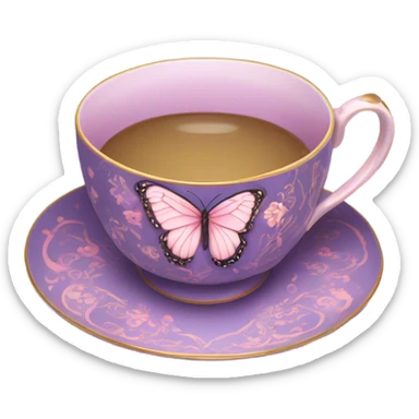A delicate butterfly with pastel pink wings, resting on the edge of a purple porcelain teacup adorned with intricate violet floral patterns. sticker