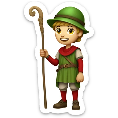 13th century European pilgrim boy with staff, red stockings, short green tunic and green hat saying ok! sticker