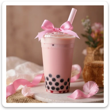 Remove the background from the photorealistic pink bubble tea with a bow, keep the image elegant and realistic, ensure transparency. sticker