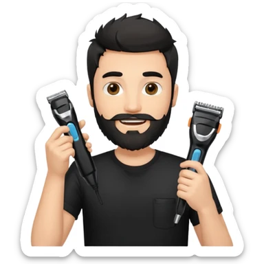 young fair-skinned man with messy black hair and beard, smiling, black t-shirt, holding a single face beard trimmer in one hand, trimmer true to real size sticker