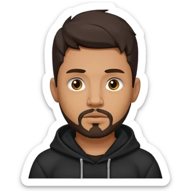 medium skin tone man with dark hair and a goatee beard, septum piercing, wearing a dark hoodie sticker
