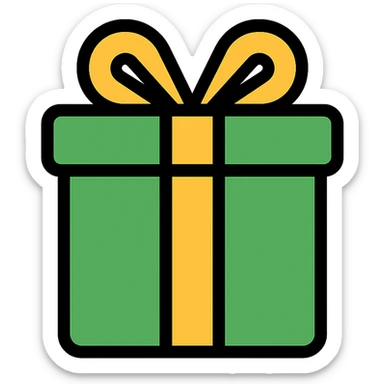 Add color to the gift icon using a green box with a gold ribbon, maintaining the clean, minimal icon style. sticker