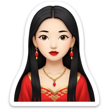 30 yr old asian woman, middle parted straight long black hair, very pretty, fancy dress, earings, red lipstick sticker