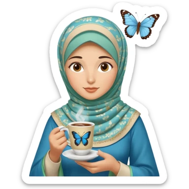 Turkish beautiful finish Konya girl blue with beige and light green hijab  butterfly islamic dress and had on her hand Turkish coffee sticker