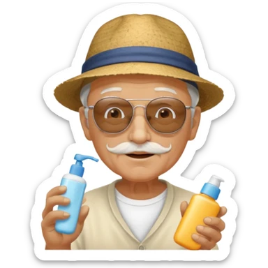 Old man on island with lotion and kids sticker