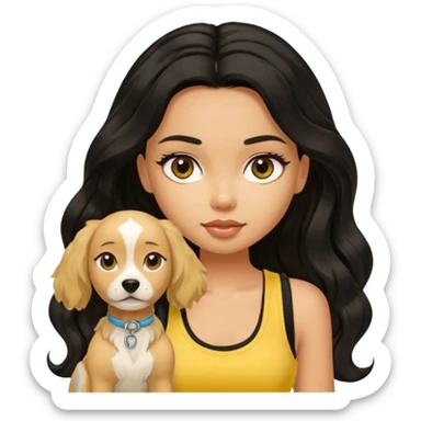 tan pretty bratz girl with long wavy black hair, wearing a yellow tank top with a dog sticker