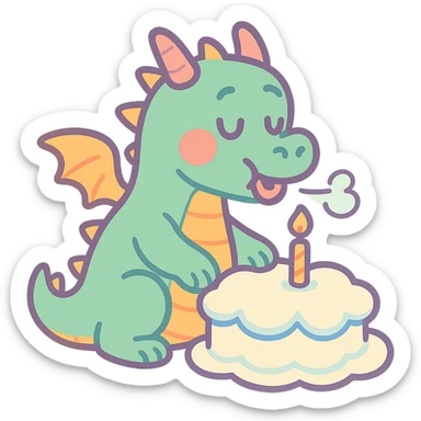 happy dragon blowing out 1 candle on cloud cake, pastel-toon style sticker