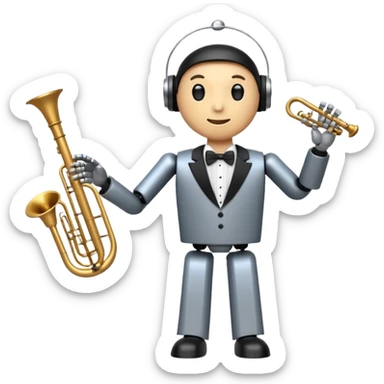 robot a sophisticated and elegant emoji that represents orchestration and arrangement. The design should feature a conductor’s baton, musical notes, and a symphonic score, symbolizing the process of arranging and orchestrating music. Incorporate instruments like a violin, trumpet, sticker