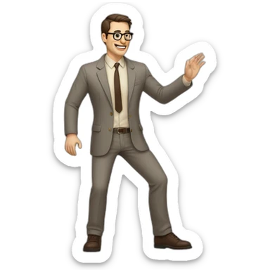 Full height Actively gesturing with hands Pale skinned fit man with dark brown hair in gray jacket, beige office shirt, brown tie, brown pants and vintage glasses. sticker