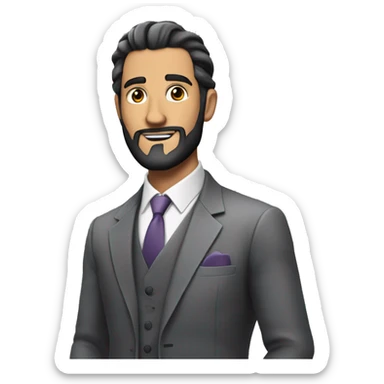 a white an in a grey suit with a dark beard and hair slick back raisin like he's explaining something his hands  sticker