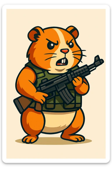full-body guinea pig wearing a tactical military vest, holding a rifle, detailed cartoon style sticker