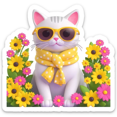 Cute cat with big yellow sunglasses and a pink polka dot scarf, sitting among flowers, shiny and glossy, on a white background in 3D iOS emoji style. sticker