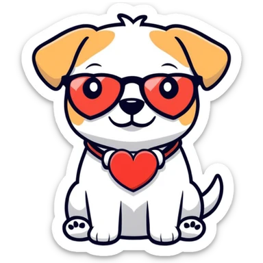 a dog who where a glasses with pillow heart sticker
