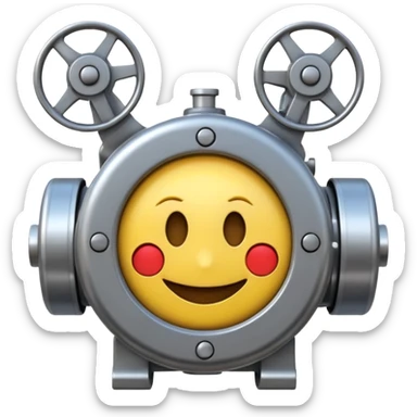 Industrial mechanical motor with a smiley face, emoji for the new electric music genre Motor breaks must be friendly and sellable must be small but clear child friendly, ready to use as a logo sticker