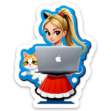 Blonde girl ponytail macBook and a cat sticker