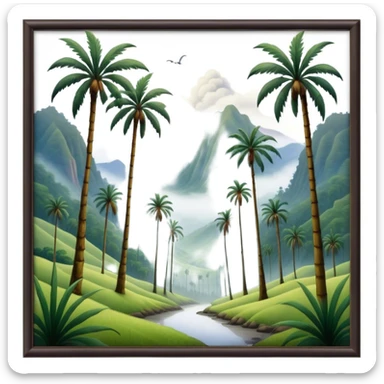 Cinematic Realistic Cocora Valley Landscape Emoji, depicted with towering wax palm trees in a lush, misty valley rendered with rich textures and dynamic, natural lighting. sticker