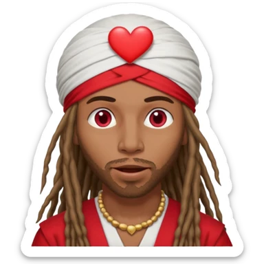 Brownskin man with long dreadlocks red shirt add white dubai turban add red heart in both of his eyes mouth open  sticker