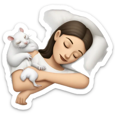 white brunette sleeping woman cuddling with one tiny white rat with red eyes sticker