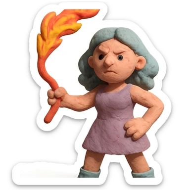 claymation style woman with a fire whip, visible fingerprints, pastel colors sticker