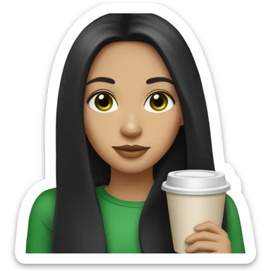 girl with long black hair, light skin tone, green eyes, sipping coffee sticker