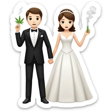A bride in white wedding dress and groom in tuxedo, full body, smoking cannabis together sticker