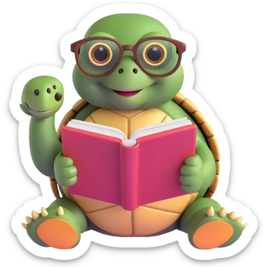a tortoise wearing glasses, reading a large book, with a cozy and scholarly vibe sticker