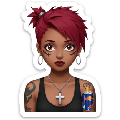 generate an ios genmoji of a girl with dark red messy hair with eyeliner on her eyes.  septum piercing, wearing a cami black top, has tattoos, on shoulders. ear piercings. wearing a cross silver necklace. Holding a redbull. dusky skin color.  sticker