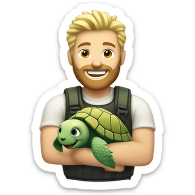 Bearded blond man with spiked hair holding a sea turtle  sticker