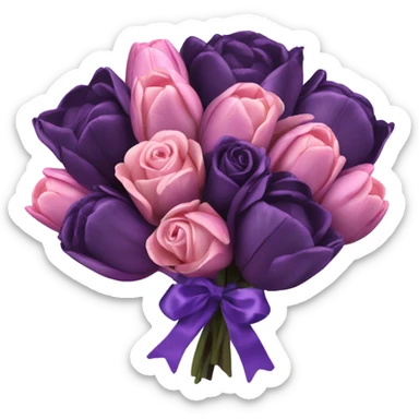 a beautiful aesthetic bouquet composed of dark purple and light pink tulips and dark purple roses tied with a silk purple ribbon sticker