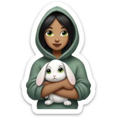 Girl with black straight bob hair, green eyes and nose piercing hugging a bunny in a hoodie  sticker