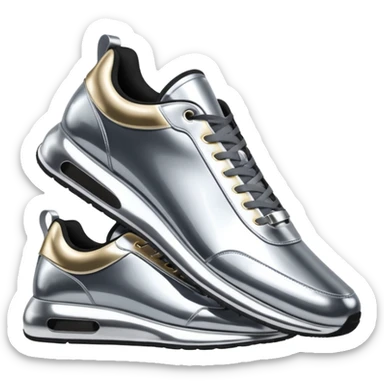 A pair of futuristic sneakers emoji made of silver chrome, sleek streetwear design, smooth metallic panels, subtle reflections, luxury swag aesthetic, iOS emoji style, centered, clean white background sticker