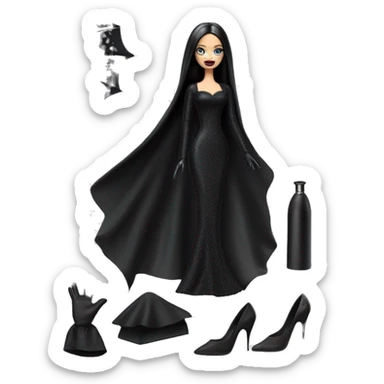 Funeral Barbie,teen Morticia Addams ,drying tears with handkerchief, show full body,accessories  gloves, funeral veil, holding umbrella  sticker