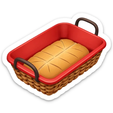 shallow wicker bread basket viewed from above with one lonely breadcrumb inside, small almost-empty red battery icon (5% level) in upper-right corner, bold lines, flat colors with gentle gradients, emoji style sticker