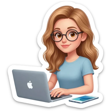 detailed emoji illustration of a woman with long light brown wavy hair and light brown eyes wearing round glasses, writing her book on a MacBook, with an iPad and an iPhone next to her, focused writing atmosphere, emoji style sticker