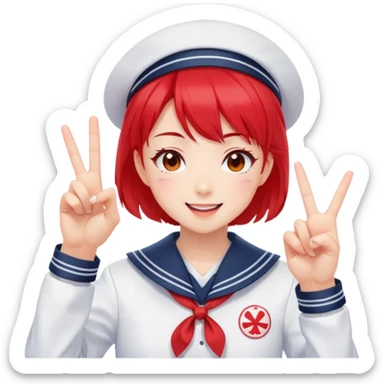 Energetic anime girl with short bright red hair wearing Japanese sailor style school uniform, winking and making double peace signs, very cheerful and bubbly, kawaii style sticker