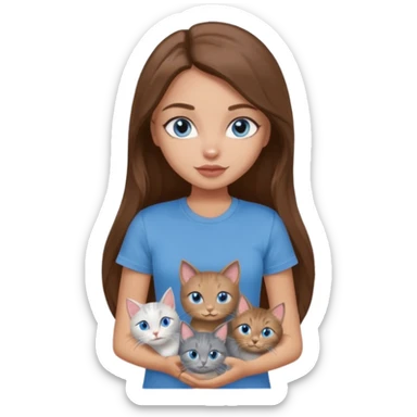 a pretty bratz dusky light skin girl with long brown hair, blue eyes with six cats nd wearing a grey tshirt sticker