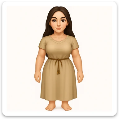 Fullbody Mary Magdalene, buxom and fit, very pretty detailed face, plain light tan dress, no hood, dark hair, arms lowered to a normal pose with hands by hips, in emoji style. sticker