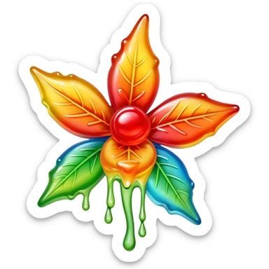 generate an emoji-style image of a juicy gummy shaped like a marijuana flower, make it colorful and with liquid dripping out sticker