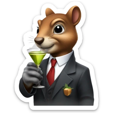 a mafia looking squirrel holding a martini drink sticker