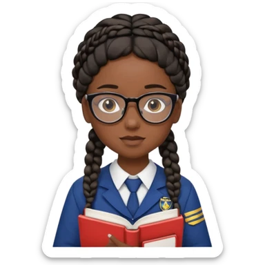 Girl student wearing uniform, glasses, hold book in front of their chest, black braided hair, dark skin sticker