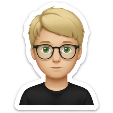 Generate me a profile picture like with a teenage boy who has dirty blond hair, green eyes, glasses and a black t-shirt sticker