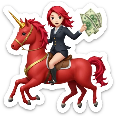 red horse red hair agressive unicorn running money on on the saddle sticker
