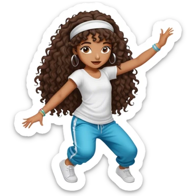 Dancing brown girl with long darn brown curly hair with headband hip hop sticker