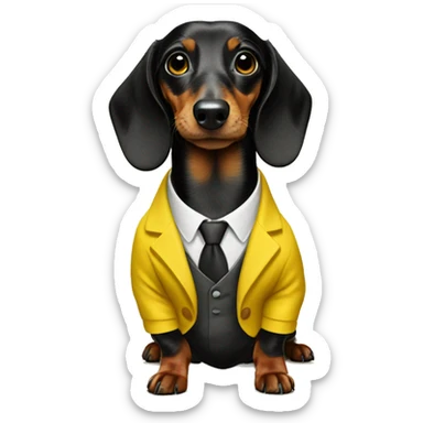 Black dapple dachshund in a yellow suit sticker