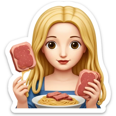 monalisa portrait with flowing spaghetti hair holding spam meat sticker