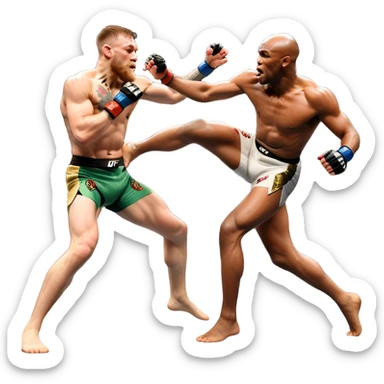 An MMA showdown between Conor McGregor and Anderson Silva in the octagon. McGregor is executing a jumping strike, while Silva skillfully deflects the attack. The background shows the UFC octagon with roaring fans and vibrant energy. Transparent background. sticker