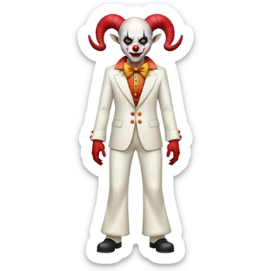 full-body demonic clown in a white leisure suit with bellbottom pants, bald, with black ram horns sticker