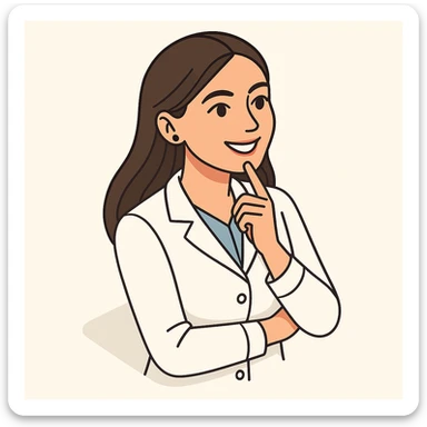 A girl doctor with dark long straight hair, detailed brown eyes (not just dots), wearing a white medical coat, in 2D isometric style with a minimalist background, thoughtful finger on chin, with a wide smile expression. sticker